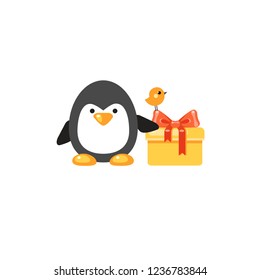 Vector penguin with a yellow gift box with a bow and a little bird. Cute christmas card. Cozy winter illustration. Cartoon animal. New Year present. Surprise 
