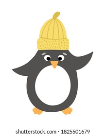 Pingüino vectorial con sombrero amarillo. Cuidada ilustración de aves de invierno. Gracioso diseño de tarjetas de Navidad. Impresión de Año Nuevo con carácter sonriente

