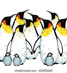 Vector penguins and babies group illustration. Hand drawn sketch of wild animal. Animals in the wild thematic drawing