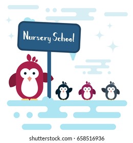 Vector penguins characters stylized as a nursery school on the south pole. Modern flat illustration.