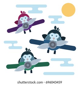 Vector penguins characters stylized as a pilots in the airplanes.. Modern flat illustration.