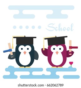 Vector penguins characters stylized as a students. Modern flat illustration.