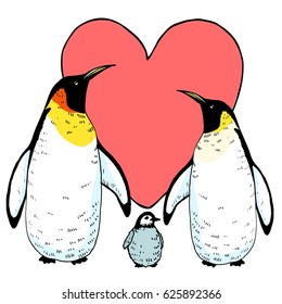 Vector penguins in love with baby illustration. Hand drawn sketch of wild animal. Animals in the wild thematic drawing