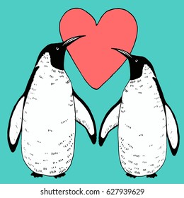Vector penguins in love illustration. Hand drawn sketch of wild animal. Animals in the wild thematic drawing