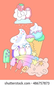 vector penguins make ice cream from fruit and rainbow