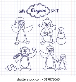 Vector penguins set. Cartoon characters for design of postcards, posters, paper, textiles, packaging