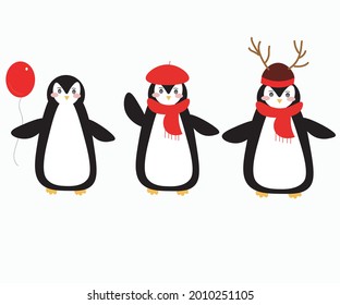 vector penguins set, vector christmas penguins on a white background in flat and cartoon graphics, funny Antarctic animals for children