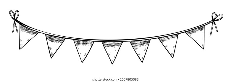 Vektor Pennants für Festivaldekorationen und Einladungen. Umrisszeichnung des Dreiecks Garland Banner für Party-Feier von schwarzen Tinten gemalt. Ätzen der Saite für Urlaub im linearen Stil.