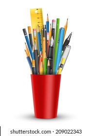 Vector pens and pencils in red plastic glass cup illustration.