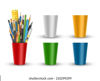 Vector Pens And Pencils In Red Plastic Glass Cup Illustration With Set Of Different Colors Glases