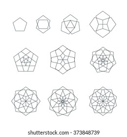 Vector Pentagon Black Outline Monochrome Variations Sacred Geometry Decoration Elements Collection Isolated White Background  
