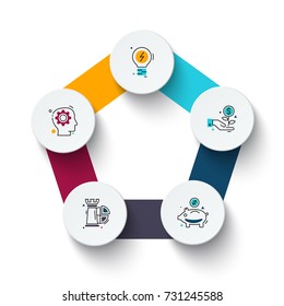 Vector pentagon with circles for infographic. Template for cycle diagram, graph, presentation and round chart. Business concept with 5 options, parts, steps or processes. Data visualization.