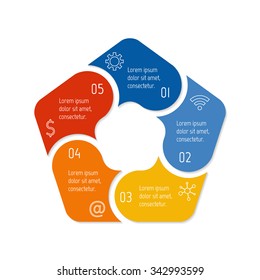 Vector pentagon connected infographic diagram. Circular chart with 5 options. Paper progress steps for tutorial with five parts. Business concept sequence banner. EPS10 polygonal work flow layout.