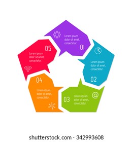 Vector pentagon connected infographic diagram. Circular chart with 5 options. Paper progress steps for tutorial with five parts. Business concept sequence banner. EPS10 polygonal work flow layout.