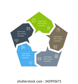 Vector pentagon connected infographic diagram. Circular chart with 5 options. Paper progress steps for tutorial with five parts. Business concept sequence banner. EPS10 polygonal work flow layout.