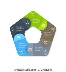 Vector pentagon connected infographic diagram. Circular chart with 5 options. Paper progress steps for tutorial with five parts. Business concept sequence banner. EPS10 polygonal workflow layout.