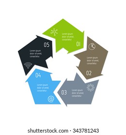 Vector pentagon connected infographic diagram. Circular chart with 5 options. Paper progress steps for tutorial with five parts. Business concept sequence banner. EPS10 polygonal workflow layout.