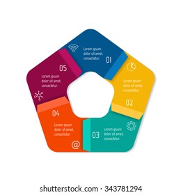 Vector pentagon connected infographic diagram. Circular chart with 5 options. Paper progress steps for tutorial with five parts. Business concept sequence banner. EPS10 polygonal workflow layout.