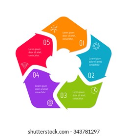 Vector pentagon connected infographic diagram. Circular chart with 5 options. Paper progress steps for tutorial with five parts. Business concept sequence banner. EPS10 polygonal workflow layout.