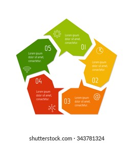 Vector pentagon connected infographic diagram. Circular chart with 5 options. Paper progress steps for tutorial with five parts. Business concept sequence banner. EPS10 polygonal workflow layout.