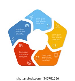 Vector pentagon connected infographic diagram. Circular chart with 5 options. Paper progress steps for tutorial with five parts. Business concept sequence banner. EPS10 polygonal workflow layout.