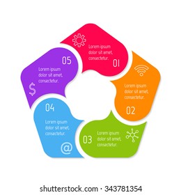 Vector pentagon connected infographic diagram. Circular chart with 5 options. Paper progress steps for tutorial with five parts. Business concept sequence banner. EPS10 polygonal workflow layout.