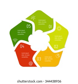 Vector pentagon connected infographic diagram. Circular chart with 5 options. Paper progress steps for tutorial with five parts. Business concept sequence banner. EPS10 polygonal workflow layout.