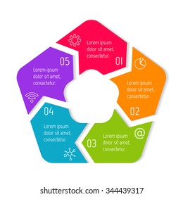 Vector pentagon connected infographic diagram. Circular chart with 5 options. Paper progress steps for tutorial with five parts. Business concept sequence banner. EPS10 polygonal workflow layout.