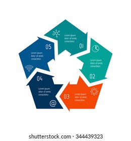 Vector pentagon connected infographic diagram. Circular chart with 5 options. Paper progress steps for tutorial with five parts. Business concept sequence banner. EPS10 polygonal workflow layout.