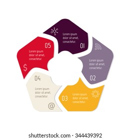 Vector pentagon connected infographic diagram. Circular chart with 5 options. Paper progress steps for tutorial with five parts. Business concept sequence banner. EPS10 polygonal workflow layout.