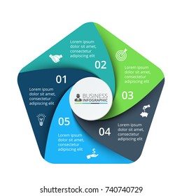 Vector pentagon element for infographic. Template for cycle diagram, graph, presentation and chart. Business concept with 5 options, parts, steps or processes. Abstract background.