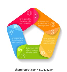 Vector pentagon infographic diagram. Connected chart with 5 options. Paper progress steps for tutorial. Business concept sequence banner. EPS10 workflow layout.