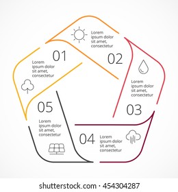 Vector pentagon linear arrows infographic, circle diagram, cycle graph, flat minimal presentation, chart. Business concept with 5 options, parts, steps, processes. Lines geometric design.