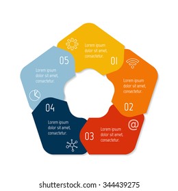 Vector pentagonal connected infographic diagram. Circular chart with 5 options. Paper progress steps for tutorial with five parts. Business concept sequence banner. EPS10 workflow layout.
