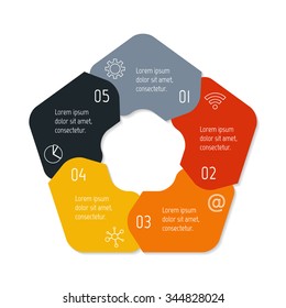 Vector pentagonal connected infographic diagram. Circular chart with 5 options. Paper progress steps for tutorial with five parts. Business concept sequence banner. EPS10 workflow layout.