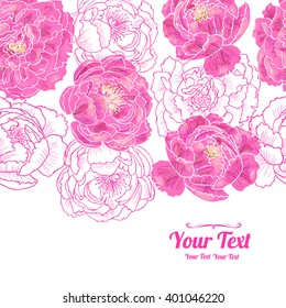 Vector peonies flowers horizontal frame pattern background . Invitation or greeting card design.Vector illustration