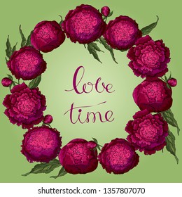 Vector peonies. Round frame of burgundy flowers. Flower wreath on a light green background. Template for flower design, textile design, packaging or clothing.