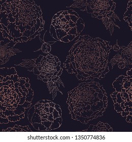 Vector peonies. Seamless pattern of silhouettes of golden flowers. Bouquets of flowers on a dark lilac background. Template for floral decoration, fabric design, packaging or clothing.