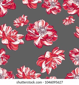 Vector peonies seamless pattern. Vintage floral illustration for luxury design, textiles, paper, wallpaper, curtains, blinds. Elegance seamless pattern with hand-drawn flowers.