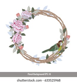 Vector of peony and bird on branch wreath. Chinese painting retro style