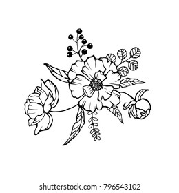 Vector Peony Coloring book page for adults. Hand drawn artwork. Love bohemia concept for wedding invitation, card, ticket, branding, logo, label. Gift for girl, women. Black and white.