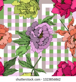 Vector Peony floral botanical flower. Wild spring leaf wildflower isolated. Engraved ink art. Seamless background pattern. Fabric wallpaper print texture.