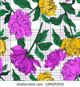 Vector Peony floral botanical flower. Wild spring leaf wildflower isolated. Black and white engraved ink art. Seamless background pattern. Fabric wallpaper print texture.