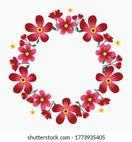 Vector Peony Flower Circle Shape Frame Drawing, Red And Pink Floral Wreath Ivy Style With Branch And Leaves.