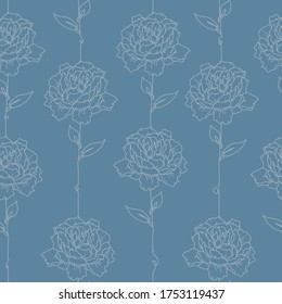  Vector peony flower hand drawn line art seamless repeat pattern. blue background