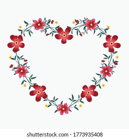 Vector peony flower heart shape frame drawing, Red and pink floral wreath ivy style with branch and leaves.