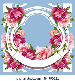 Vector Peony Flower on blue background, Chinese mix Art Nouveau frame in Retro Style.
