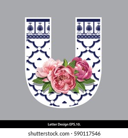 Vector of Peony flower on  Oriental Chinese porcelain style in alphabet tape U shape. Traditional Chinese style.