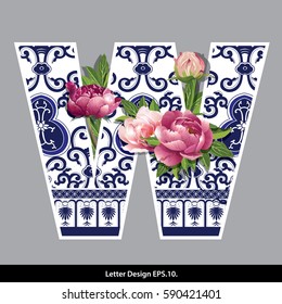 Vector of Peony flower on Oriental Chinese porcelain style in alphabet tape W shape. Traditional Chinese style.