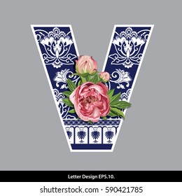 Vector of Peony flower on  Oriental Chinese porcelain style in alphabet tape V shape. Traditional Chinese style.